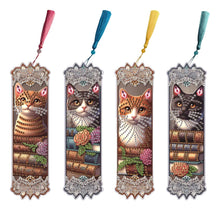 Load image into Gallery viewer, 4-piece set of diamond painting art bookmarks, cute cat acrylic bookmark handicraft set