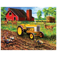 Load image into Gallery viewer, Full Diamond Painting kit | Peacocks and deers on the farm with yellow tractor

