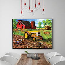 Load image into Gallery viewer, Full Diamond Painting kit | Peacocks and deers on the farm with yellow tractor
