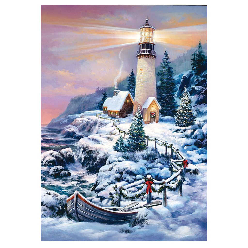 Full Diamond Painting kit | Lighthouse and house by the sea in winter