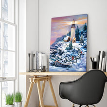 Load image into Gallery viewer, Full Diamond Painting kit | Lighthouse and house by the sea in winter
