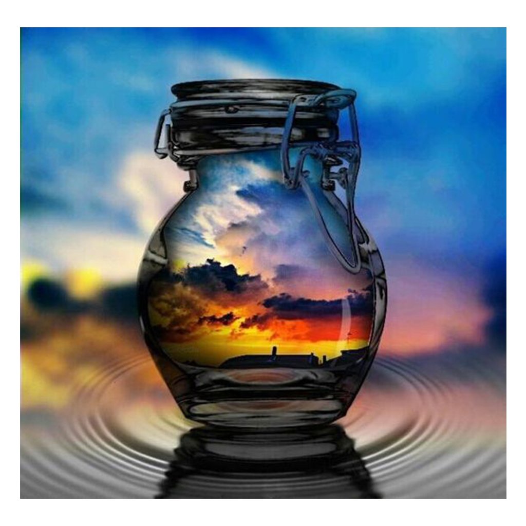 Full Diamond Painting kit | Reflection of the sunrise in a glass bottle