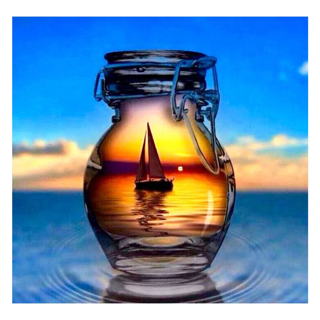 Full Diamond Painting kit | Reflection of the sailboat in a glass bottle