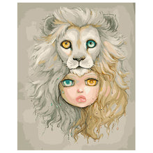 Load image into Gallery viewer, DIY Painting by number kit | The girl with heterochromatic eyes with the lion
