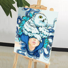 Load image into Gallery viewer, DIY Painting by number kit | Owl on the head of a blue-haired girl
