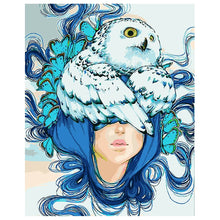 Load image into Gallery viewer, DIY Painting by number kit | Owl on the head of a blue-haired girl
