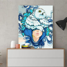 Load image into Gallery viewer, DIY Painting by number kit | Owl on the head of a blue-haired girl
