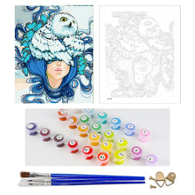 Load image into Gallery viewer, DIY Painting by number kit | Owl on the head of a blue-haired girl
