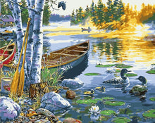 Load image into Gallery viewer, DIY Painting by number kit | Ducks and boat on the lake
