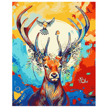 Load image into Gallery viewer, DIY Painting by number kit | Sika deer with birds on antlers
